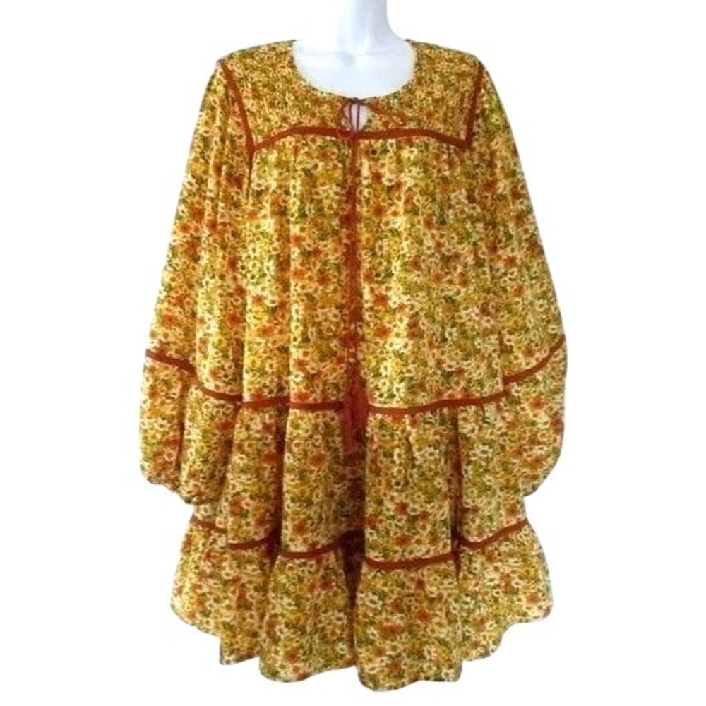 Floral long sleeves‎ lose mini yellow dress women size 12